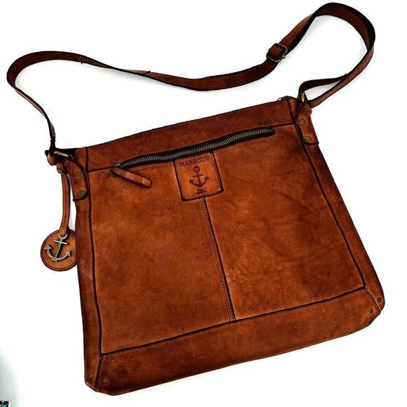 Harbour 2nd Leather VERA Crossbody Shoulder Bag Purse Flat Square Brown Cognac - Picture 1 of 11